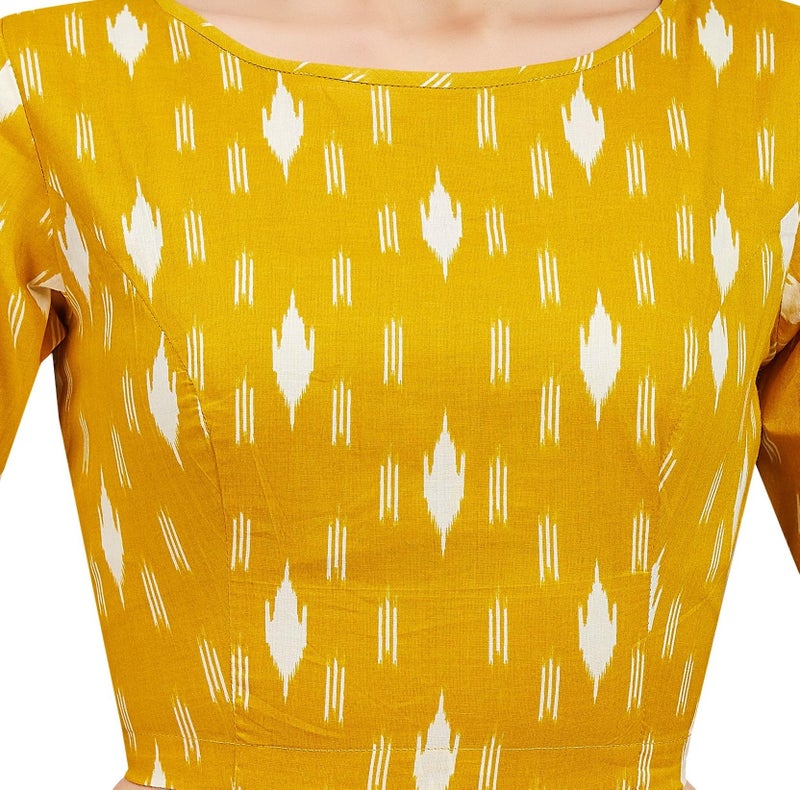 Studio Shringaar Women's Yellow Cotton Ikat Printed Elbow Length Sleeves Saree Blouse (Yellow, 40) - Image 5