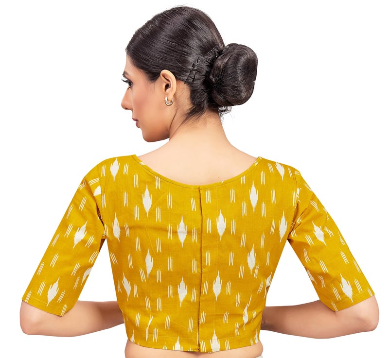 Studio Shringaar Women's Yellow Cotton Ikat Printed Elbow Length Sleeves Saree Blouse (Yellow, 40) - Image 2