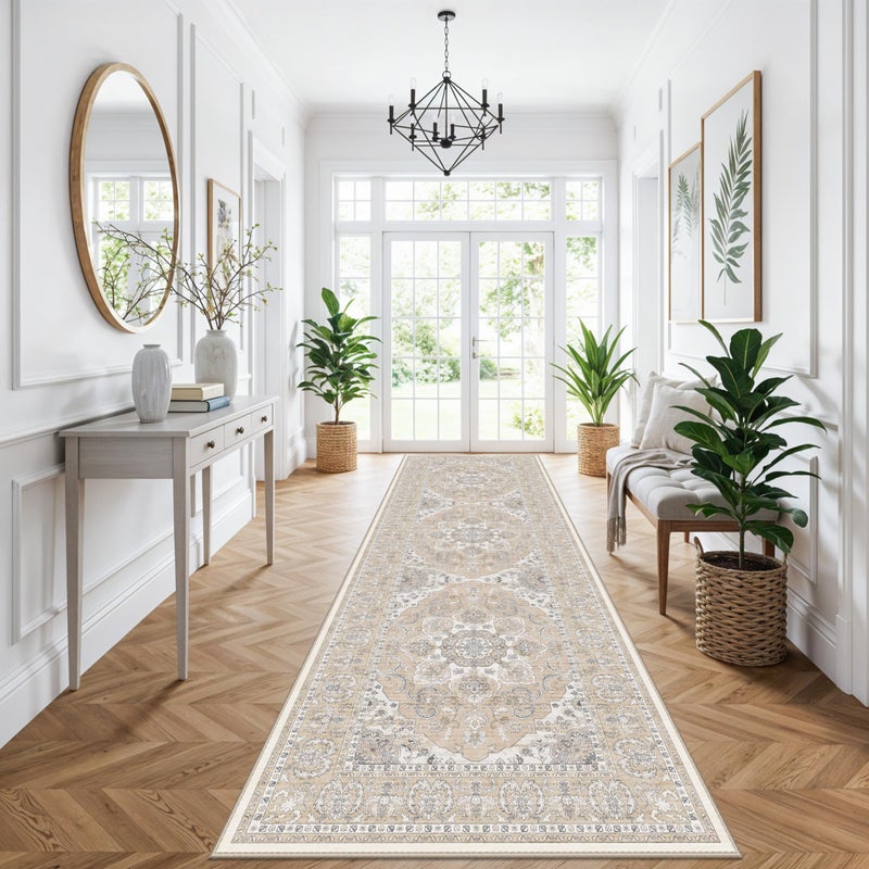 RUUGME 4x12ft Wide Washable Hallway Runners - Non-Slip Vintage Kitchen Rugs with Rubber Backing Stain Resistant Carpet for Dining Room Soft Thin Indoor Floor Mat for Living Room Bedroom (Beige/Cream,4x12) - Image 1