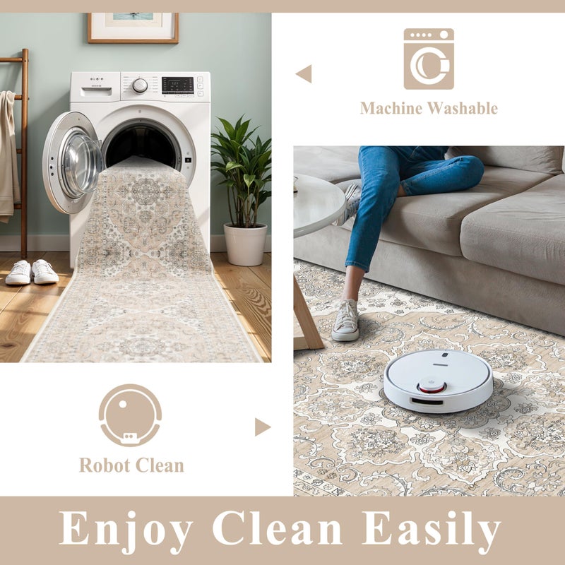 RUUGME 4x12ft Wide Washable Hallway Runners - Non-Slip Vintage Kitchen Rugs with Rubber Backing Stain Resistant Carpet for Dining Room Soft Thin Indoor Floor Mat for Living Room Bedroom (Beige/Cream,4x12) - Image 4