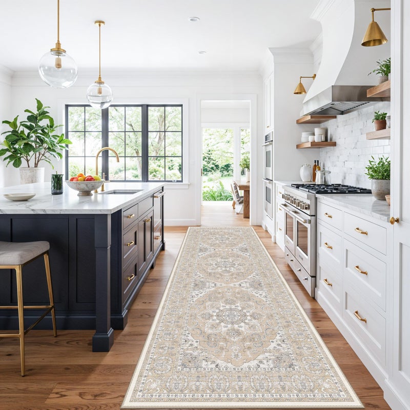 RUUGME 4x12ft Wide Washable Hallway Runners - Non-Slip Vintage Kitchen Rugs with Rubber Backing Stain Resistant Carpet for Dining Room Soft Thin Indoor Floor Mat for Living Room Bedroom (Beige/Cream,4x12) - Image 3