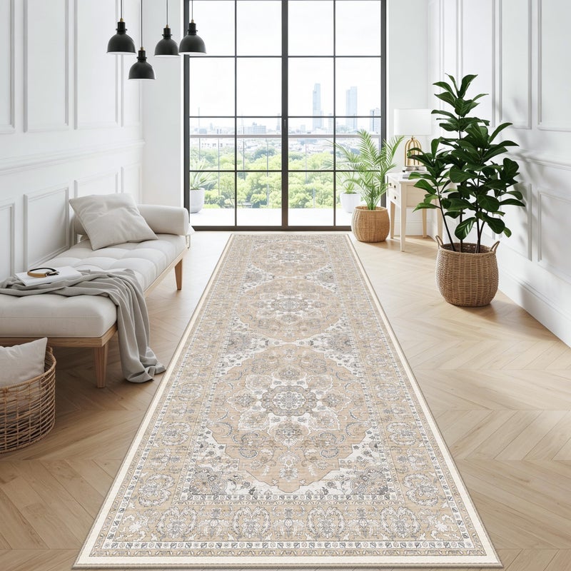 RUUGME 4x12ft Wide Washable Hallway Runners - Non-Slip Vintage Kitchen Rugs with Rubber Backing Stain Resistant Carpet for Dining Room Soft Thin Indoor Floor Mat for Living Room Bedroom (Beige/Cream,4x12) - Image 2