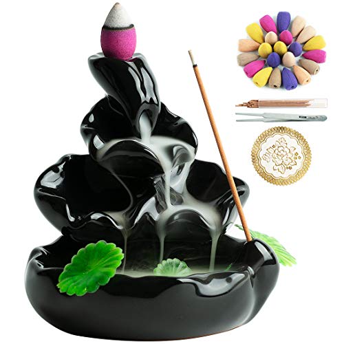 VVMONE Cute Ceramic Backflow Incense Holder Waterfall Incense Burner with 48 Incense Cones and 30 Incense Stick Incense Fountain for Home Decor Desk DecorBlack