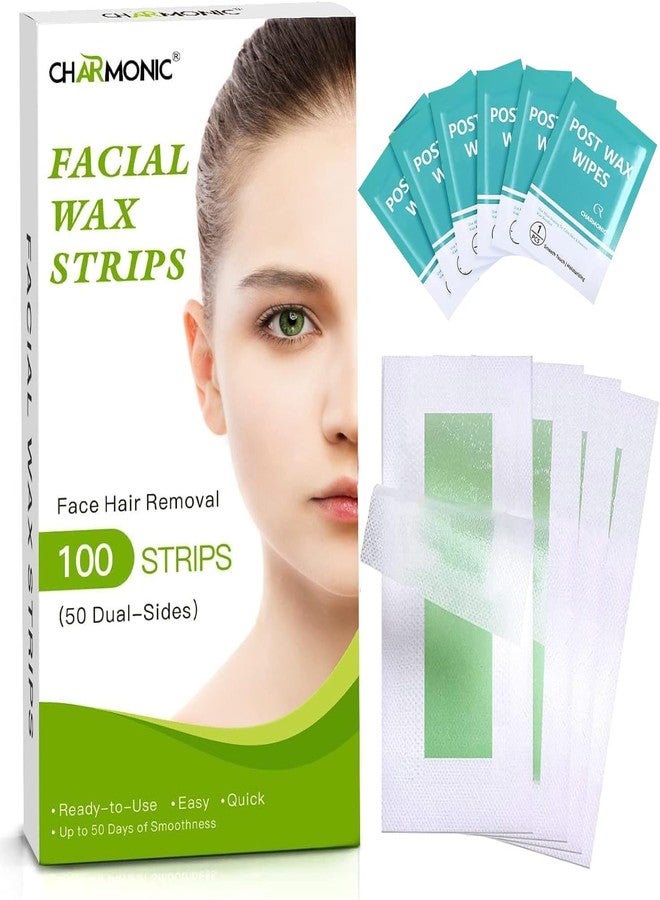 Charmonic Facial Wax Strips - 100 Count, Facial Hair Removal for Women, Waxing Strips for Face Eyebrow Upper Lip Cheek Hair Remover, Quick & Painless At Home Waxing Kit for All Skin Types with 6 Pcs Wax Wipes - Image 1