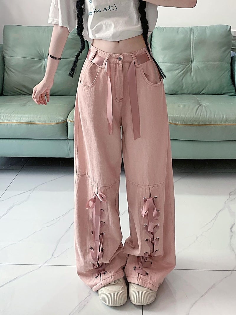 Dynict Y2K Bow Tie Jeans for Women Baggy Casual Wide Leg Pants Kawaii Straight High Waist Drawstring Pink Trousers (Pink,Small) - Image 5