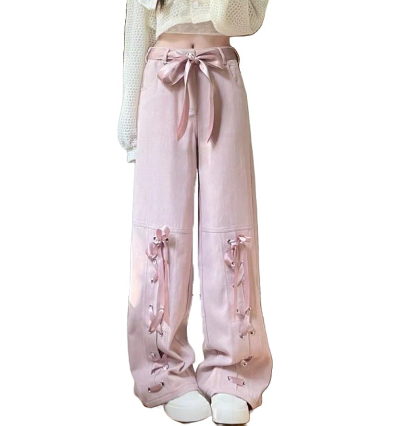 Dynict Y2K Bow Tie Jeans for Women Baggy Casual Wide Leg Pants Kawaii Straight High Waist Drawstring Pink Trousers (Pink,Small) - Image 1