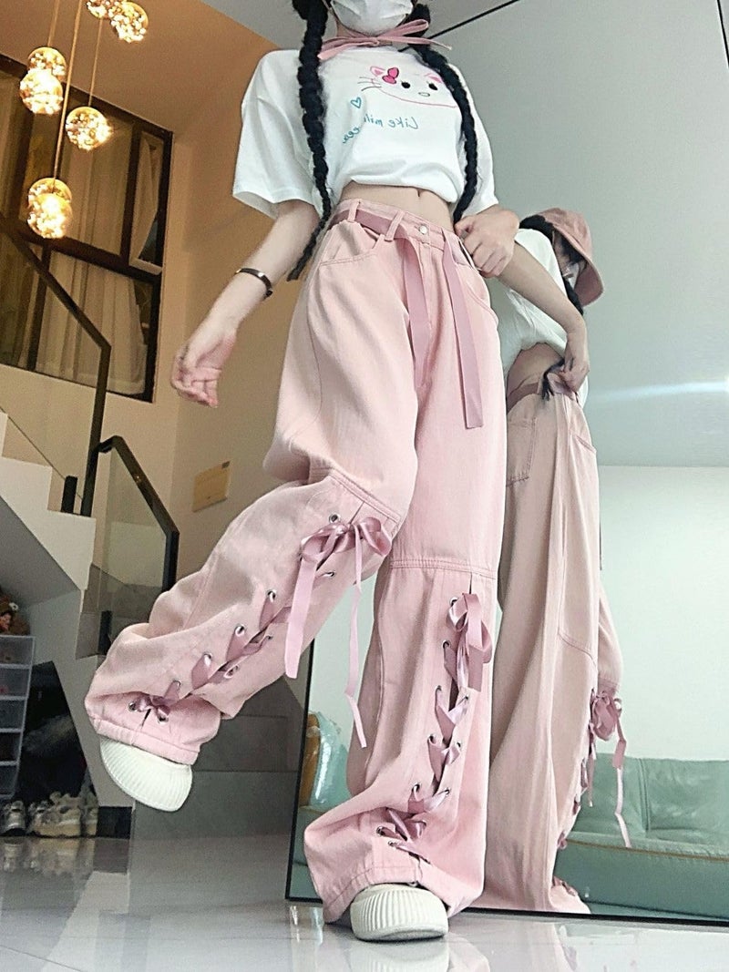 Dynict Y2K Bow Tie Jeans for Women Baggy Casual Wide Leg Pants Kawaii Straight High Waist Drawstring Pink Trousers (Pink,Small) - Image 4