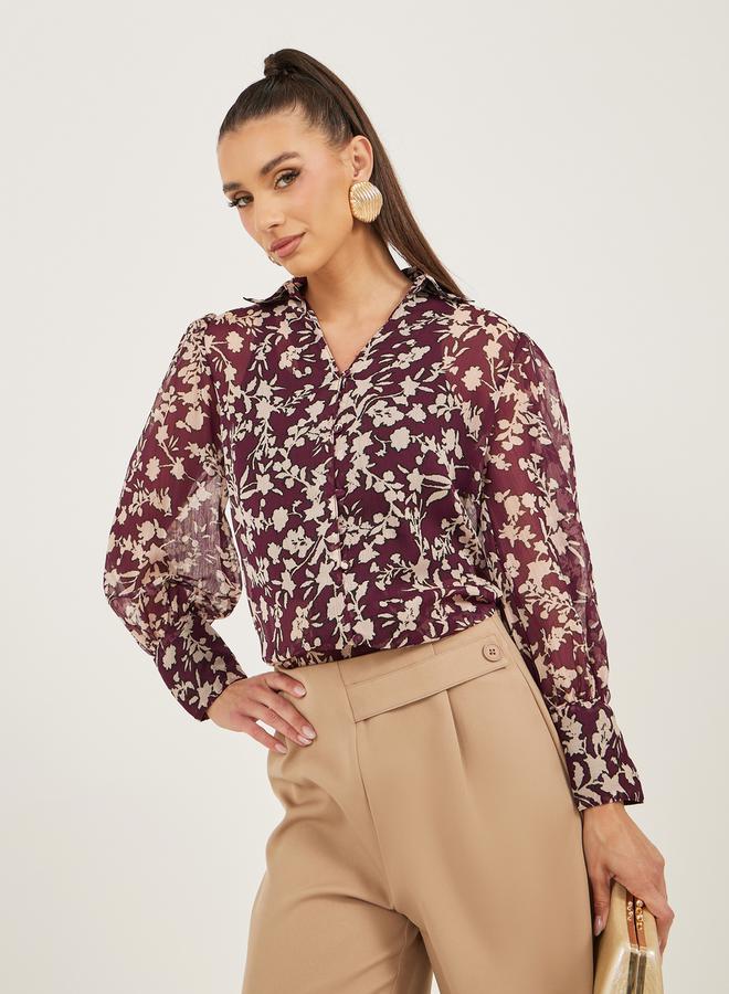 Styli Floral Print Balloon Sleeve Regular Fit Blouse  - Image 3