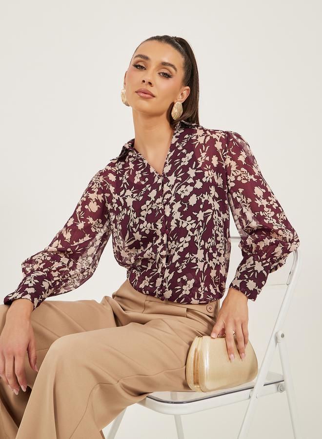 Styli Floral Print Balloon Sleeve Regular Fit Blouse  - Image 1