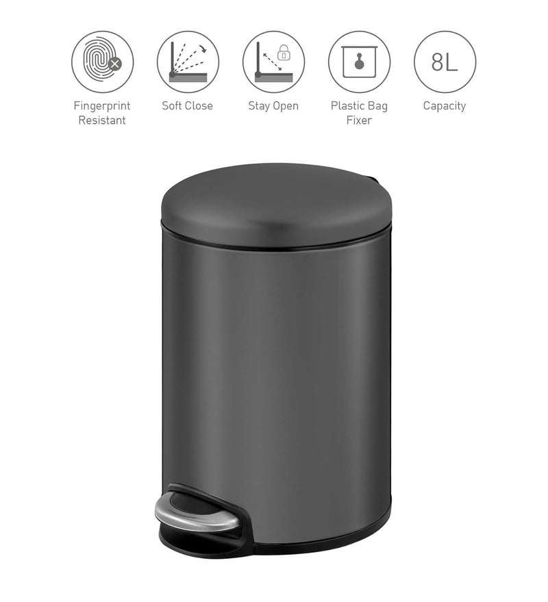 Obsessions Fingerprint Resistant Round Step Dustbin with Liner 8 Litre Titanium Grey - Image 3