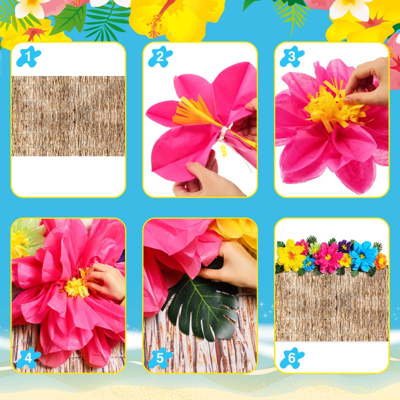 Canlierr 22 Pcs Hawaiian Beach Backdrop with Hawaii Paper Flowers Decorations Set 71 x 43 Inch Hawaiian Backdrop 3D Hibiscus Paper Flower Palm Leaves for Aloha Luau Party Decorations (Reed Style) - Image 4