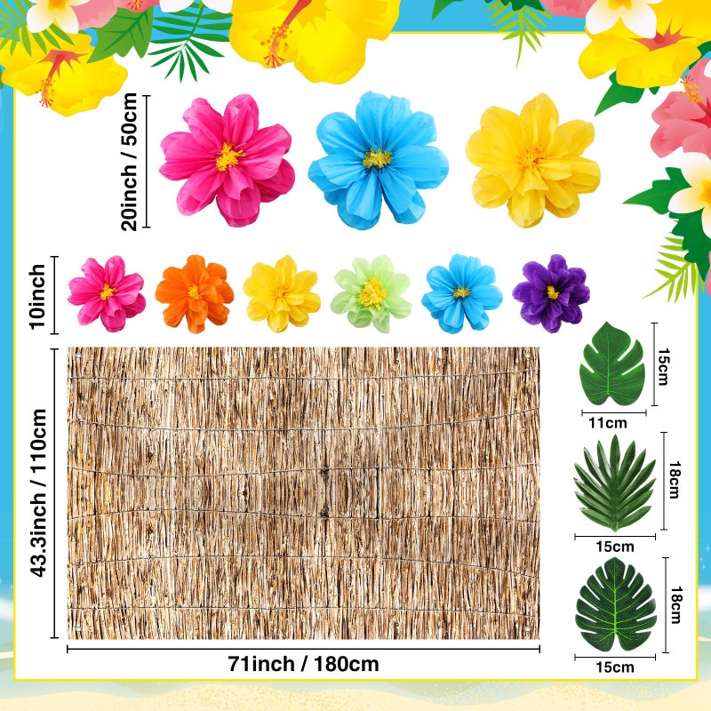 Canlierr 22 Pcs Hawaiian Beach Backdrop with Hawaii Paper Flowers Decorations Set 71 x 43 Inch Hawaiian Backdrop 3D Hibiscus Paper Flower Palm Leaves for Aloha Luau Party Decorations (Reed Style) - Image 2