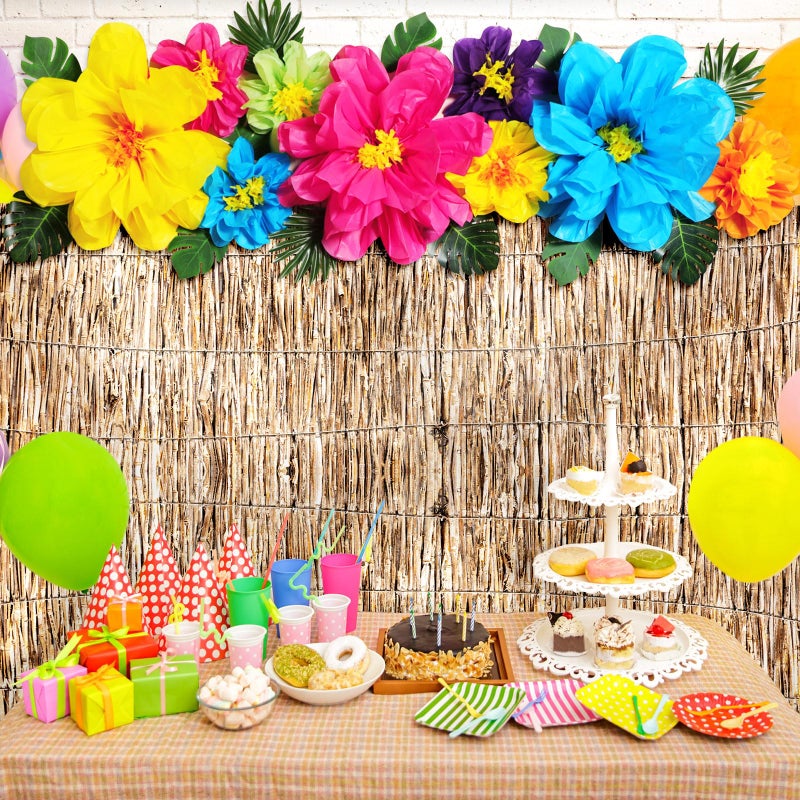 Canlierr 22 Pcs Hawaiian Beach Backdrop with Hawaii Paper Flowers Decorations Set 71 x 43 Inch Hawaiian Backdrop 3D Hibiscus Paper Flower Palm Leaves for Aloha Luau Party Decorations (Reed Style) - Image 5