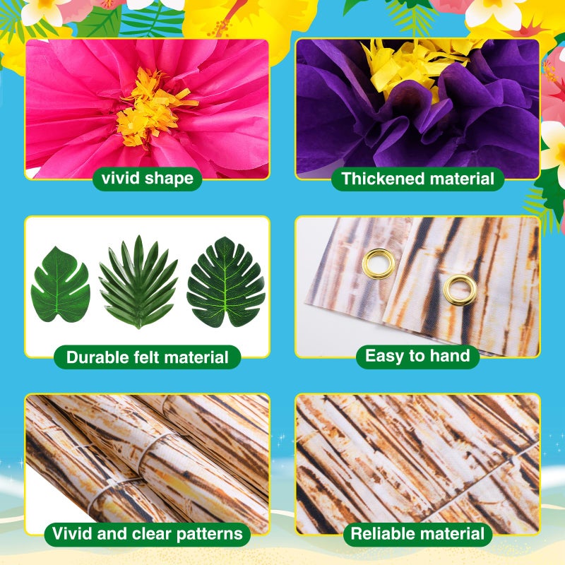 Canlierr 22 Pcs Hawaiian Beach Backdrop with Hawaii Paper Flowers Decorations Set 71 x 43 Inch Hawaiian Backdrop 3D Hibiscus Paper Flower Palm Leaves for Aloha Luau Party Decorations (Reed Style) - Image 3