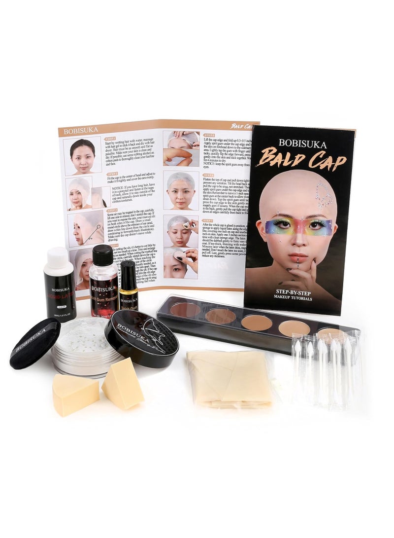 BOBISUKA Bald Cap Halloween Makeup Kit for Men & Woman, Complete Bald Cap Costume Character Set with Instructions, Realistic Bald Cap Kits for Cosplay Make Up, SFX Makeup, Dress-Up Party, Stage, Theater & Film - Image 1