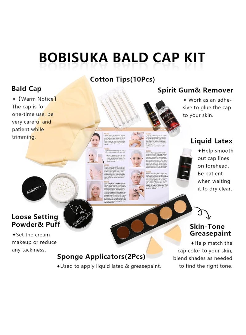 BOBISUKA Bald Cap Halloween Makeup Kit for Men & Woman, Complete Bald Cap Costume Character Set with Instructions, Realistic Bald Cap Kits for Cosplay Make Up, SFX Makeup, Dress-Up Party, Stage, Theater & Film - Image 2