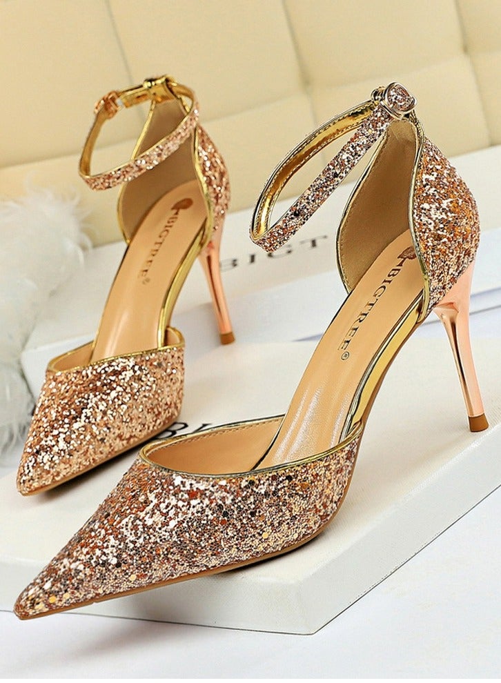 بيج تري Women's Sequin Closed Pointed Toe 7.5 CM High Heels Ankle Strap Stiletto Pumps Champagne