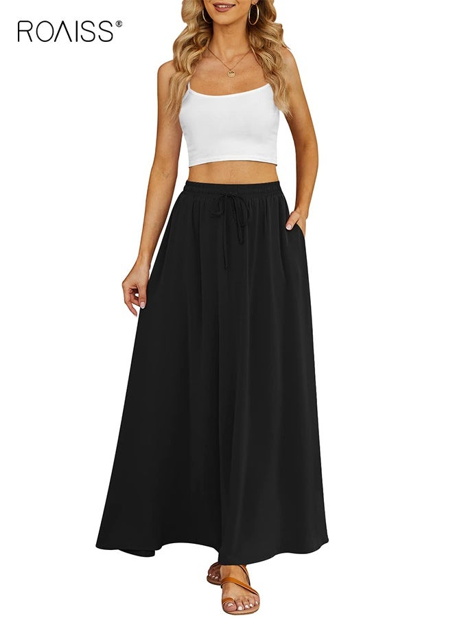رويس تنورة ماكسي صيفية فضفاضة للنساء، تنورة طويلة غير رسمية بخصر مرتفع مع جيوب، فستان مناسب للعطلات مطبوع للنساء - Image 2