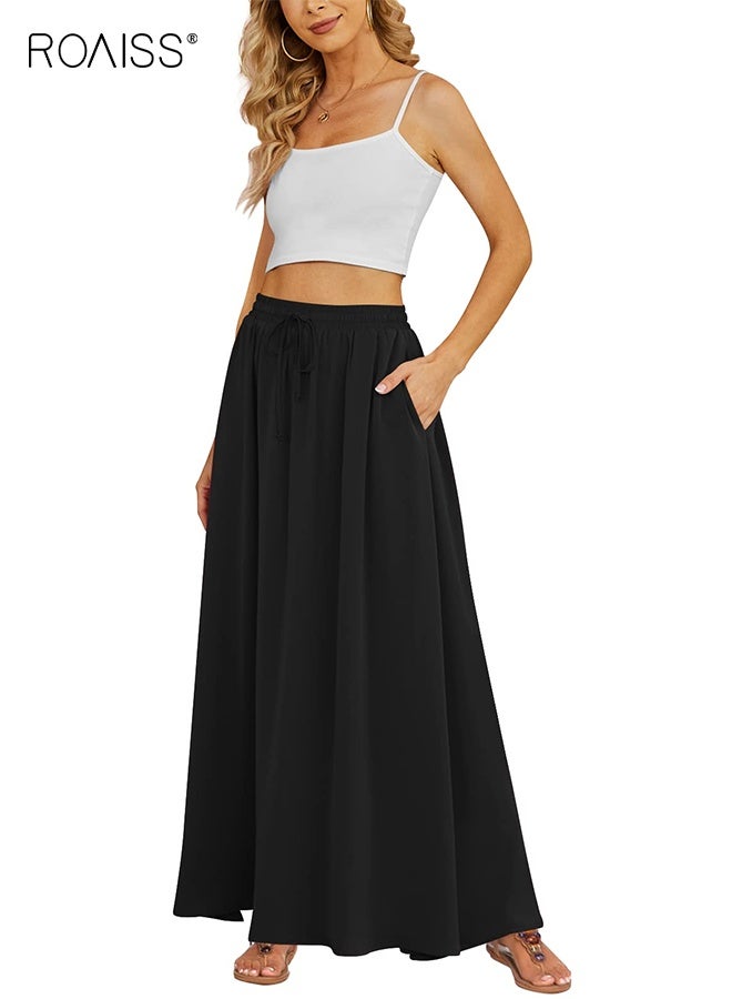 رويس تنورة ماكسي صيفية فضفاضة للنساء، تنورة طويلة غير رسمية بخصر مرتفع مع جيوب، فستان مناسب للعطلات مطبوع للنساء - Image 4
