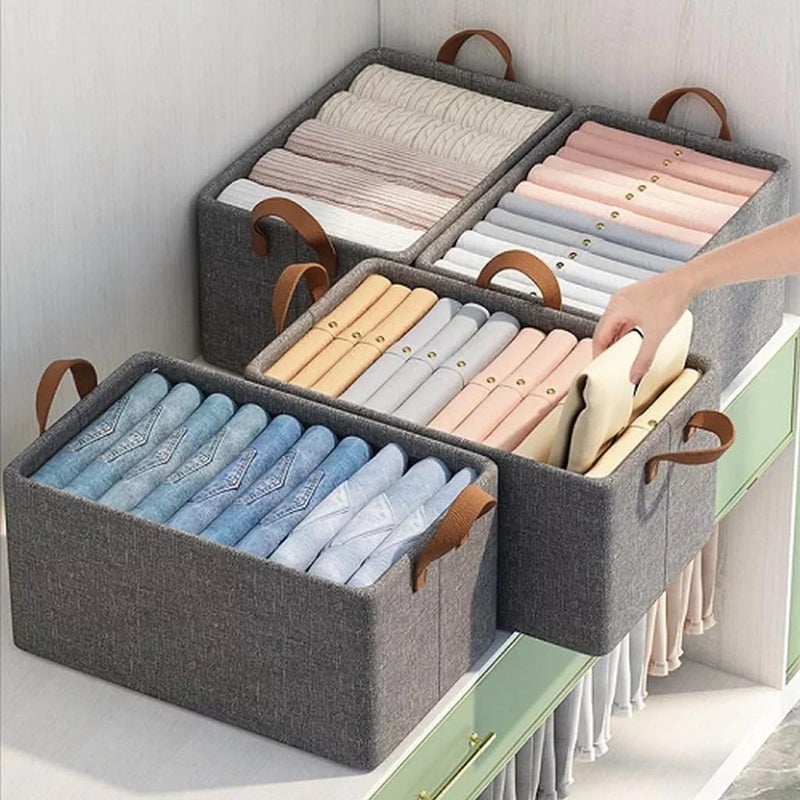 Large Fabric Closet Organizer Dressing Box with Metal Frame Support, Foldable Wardrobe Storage Bin for Clothes Towels Bedding Accessories, Durable Gabardine Fabric, 46x28x18 cm