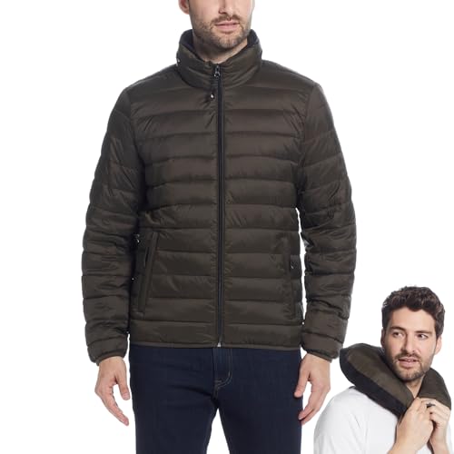 Weatherproof Men's Puffer Jacket, Lightweight Alternative Down Jacket with Packable Travel Neck Pillow, Travel-Ready Winter Jackets for Men, Water & Wind Resistant, Olive, Large - Image 1