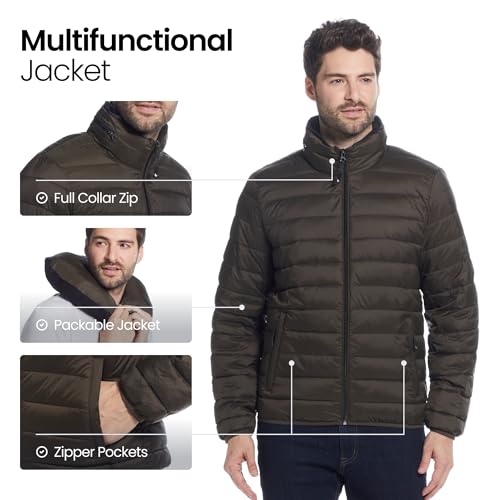 Weatherproof Men's Puffer Jacket, Lightweight Alternative Down Jacket with Packable Travel Neck Pillow, Travel-Ready Winter Jackets for Men, Water & Wind Resistant, Olive, Large - Image 5
