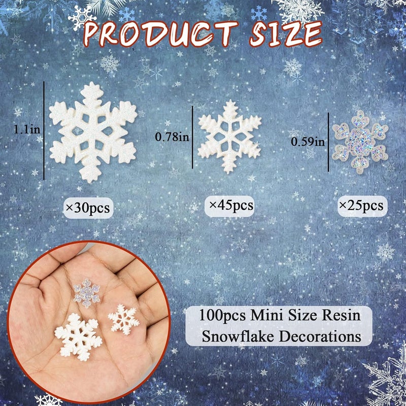 kockuu 100Pcs Mini Snowflake Ornament Christmas Decorations- Glitter Resin White and Clear Snowflakes Christmas Craft Embellishment with Storage Box for DIY Craft Xmas Tree Winter Party Table Decor (3 Sizes) - Image 3