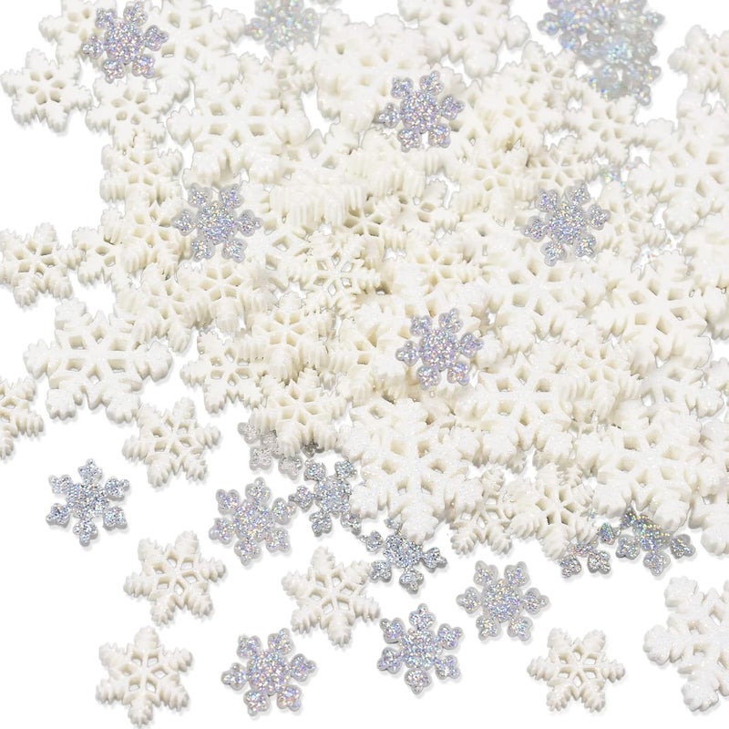 kockuu 100Pcs Mini Snowflake Ornament Christmas Decorations- Glitter Resin White and Clear Snowflakes Christmas Craft Embellishment with Storage Box for DIY Craft Xmas Tree Winter Party Table Decor (3 Sizes) - Image 1