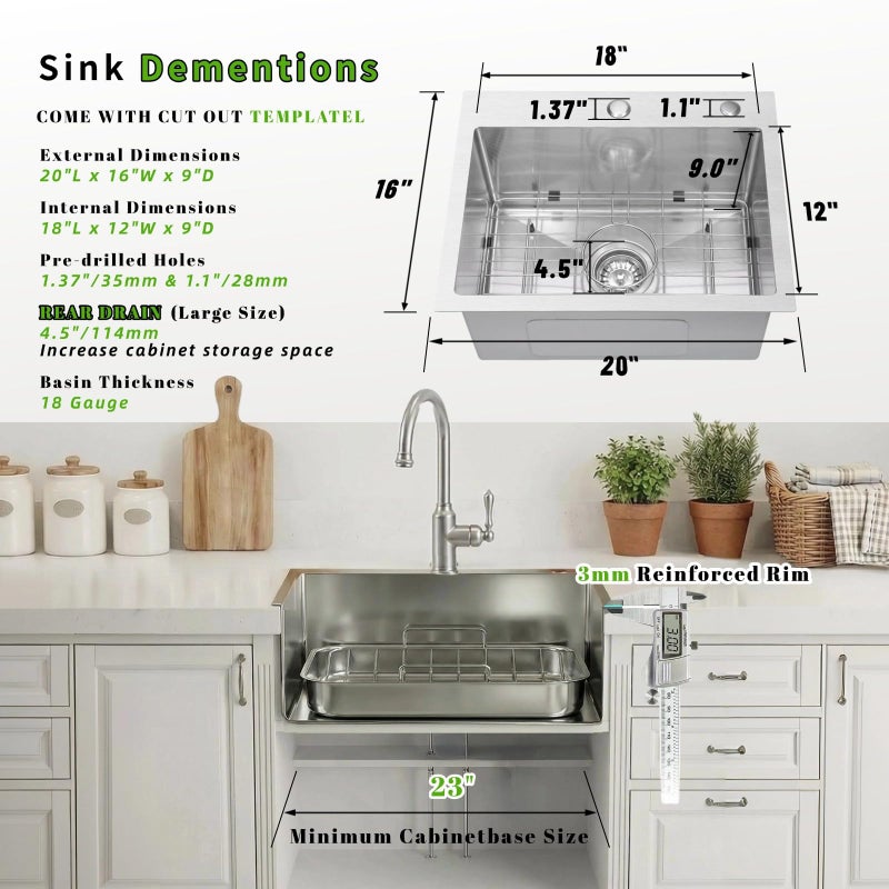 Beleeb Drop In Kitchen Sink 20x16", 9" Basin Depth, 18 Gauge Stainless Steel Sink, 3D Embossed Surface Finish Top Mount with Accessories - Image 5