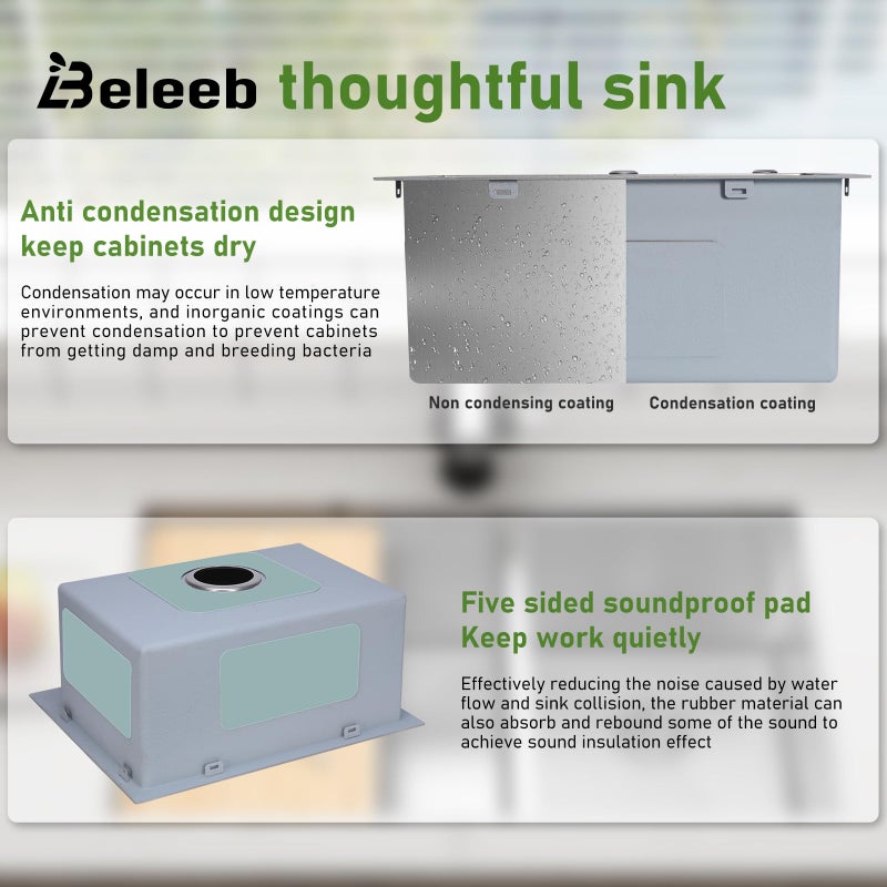 Beleeb Drop In Kitchen Sink 20x16", 9" Basin Depth, 18 Gauge Stainless Steel Sink, 3D Embossed Surface Finish Top Mount with Accessories - Image 4