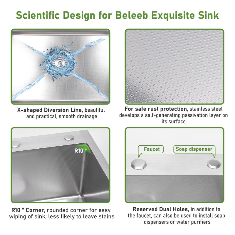 Beleeb Drop In Kitchen Sink 20x16", 9" Basin Depth, 18 Gauge Stainless Steel Sink, 3D Embossed Surface Finish Top Mount with Accessories - Image 3