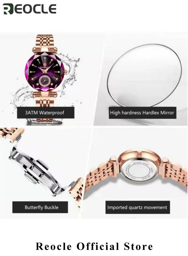 ريوكل ساعة نسائية ساعات نسائية مجوهرات سوار كريستال مع مرآة مقطوعة بالماس ساعة نسائية أنيقة ساعات كوارتز تناظرية من الفولاذ المقاوم للصدأ بنفسجي - Image 3