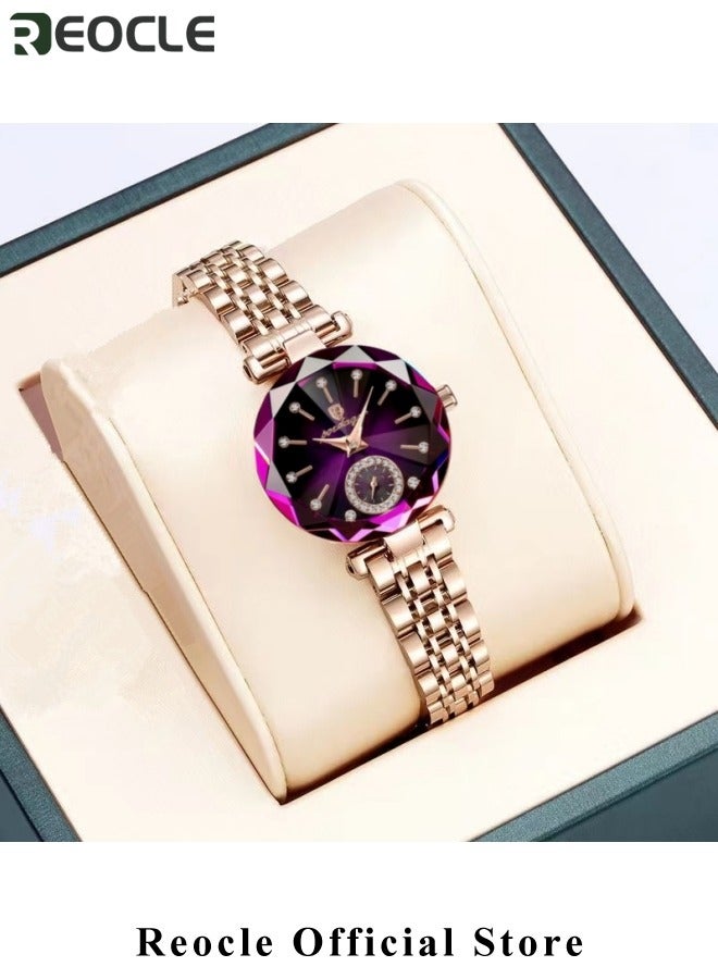 ريوكل ساعة نسائية ساعات نسائية مجوهرات سوار كريستال مع مرآة مقطوعة بالماس ساعة نسائية أنيقة ساعات كوارتز تناظرية من الفولاذ المقاوم للصدأ بنفسجي - Image 4
