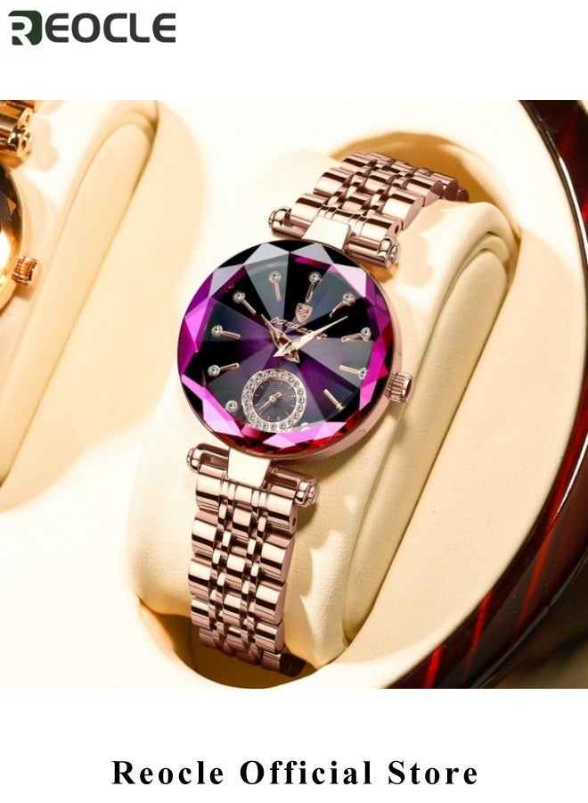 ريوكل ساعة نسائية ساعات نسائية مجوهرات سوار كريستال مع مرآة مقطوعة بالماس ساعة نسائية أنيقة ساعات كوارتز تناظرية من الفولاذ المقاوم للصدأ بنفسجي - Image 5