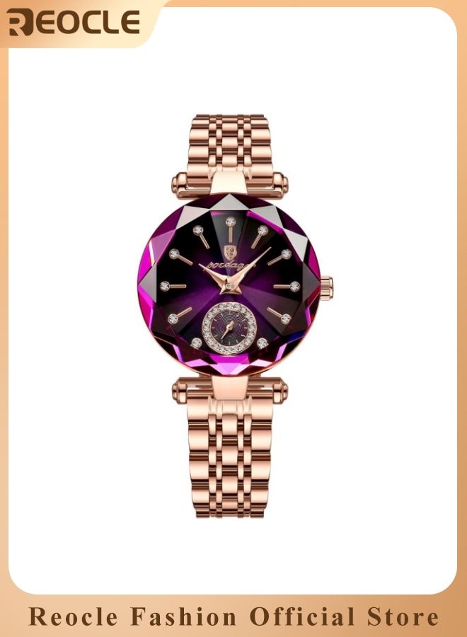 ريوكل ساعة نسائية ساعات نسائية مجوهرات سوار كريستال مع مرآة مقطوعة بالماس ساعة نسائية أنيقة ساعات كوارتز تناظرية من الفولاذ المقاوم للصدأ بنفسجي - Image 1