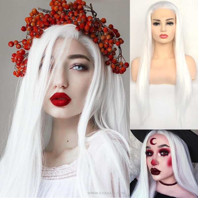 BLUPLE Long Straight Lace Front Wigs #1001 Platinum White Natural Heat Resistant Synthetic Hair Half Hand Tied Wigs for Cosplay Daily Wear (22 inches, Straight,White) - Image 4