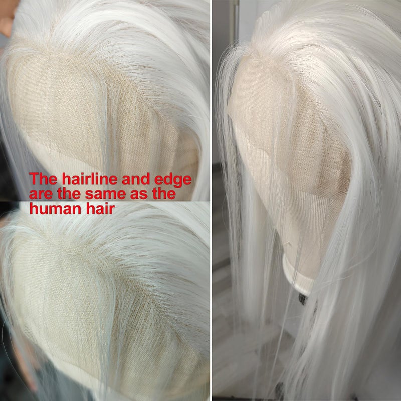 BLUPLE Long Straight Lace Front Wigs #1001 Platinum White Natural Heat Resistant Synthetic Hair Half Hand Tied Wigs for Cosplay Daily Wear (22 inches, Straight,White) - Image 2