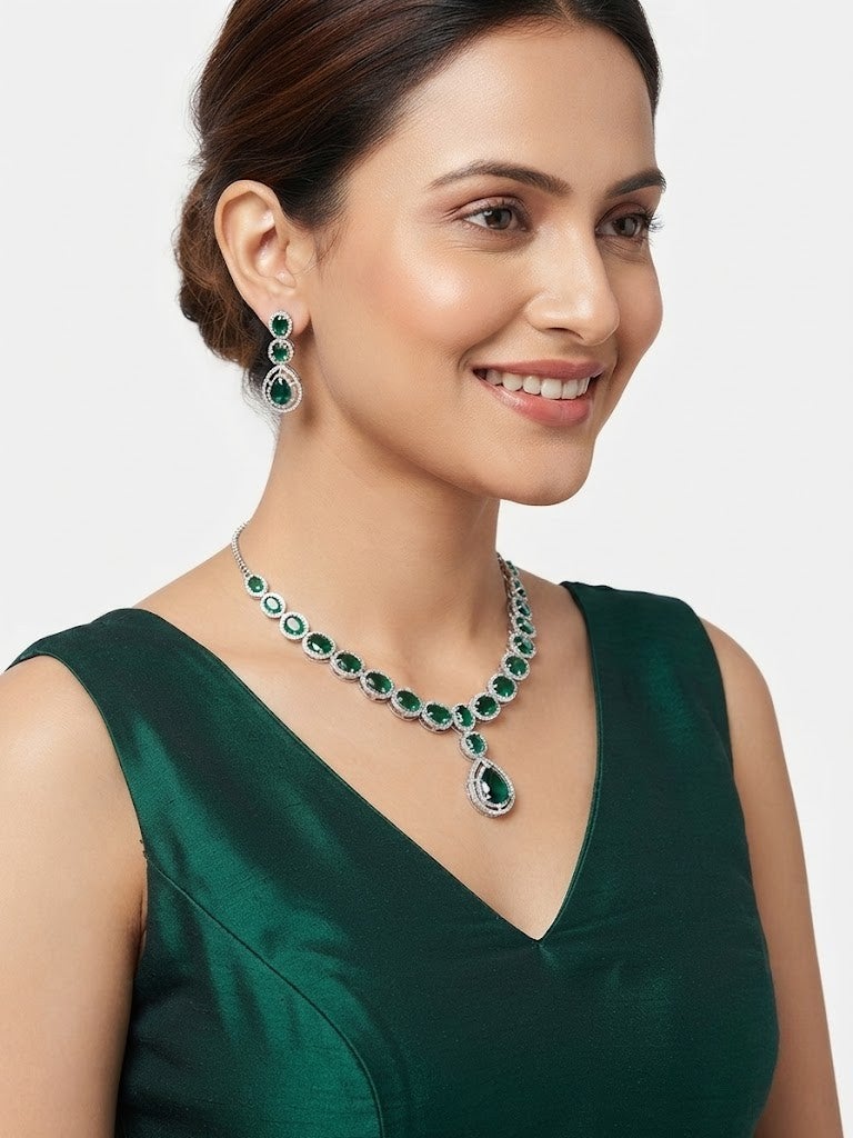 Viny Elegant American Diamond & Emerald Green Imitation Necklace Set for Women - Perfect for Parties, Weddings, & Festivals (Diwali, Eid) - Image 3