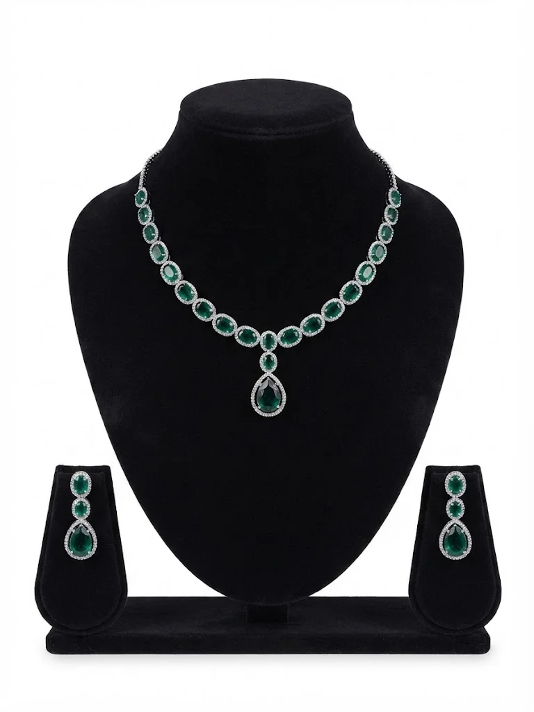 Viny Elegant American Diamond & Emerald Green Imitation Necklace Set for Women - Perfect for Parties, Weddings, & Festivals (Diwali, Eid)