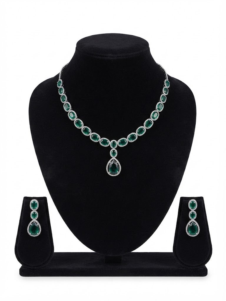 Viny Elegant American Diamond & Emerald Green Imitation Necklace Set for Women - Perfect for Parties, Weddings, & Festivals (Diwali, Eid) - Image 1