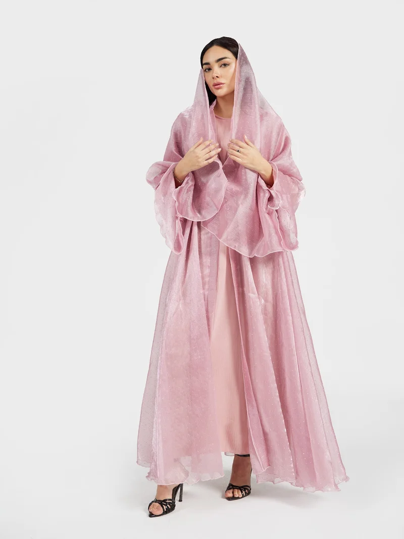 عباءات ريم Rose Pink Metallic Shimmer Party Wear Abaya