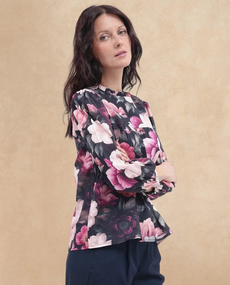Rareism Women's Floral Print Bishop Sleeve Top