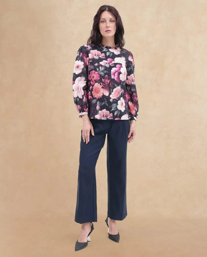 Rareism Women's Floral Print Bishop Sleeve Top