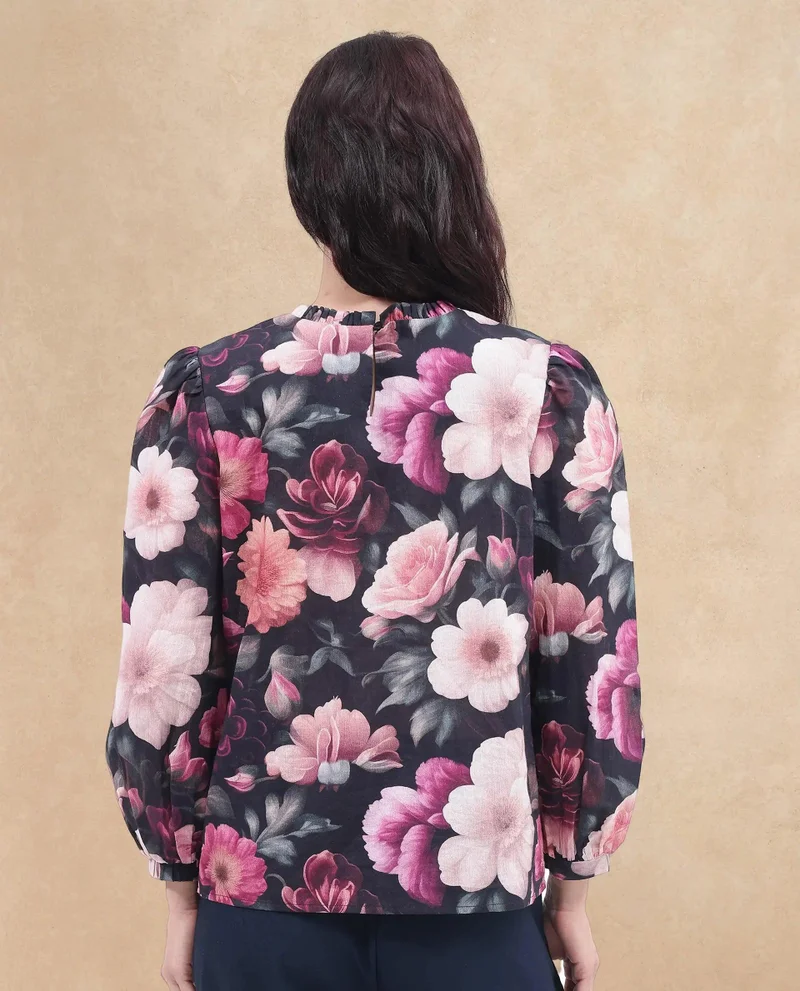 Rareism Women's Floral Print Bishop Sleeve Top