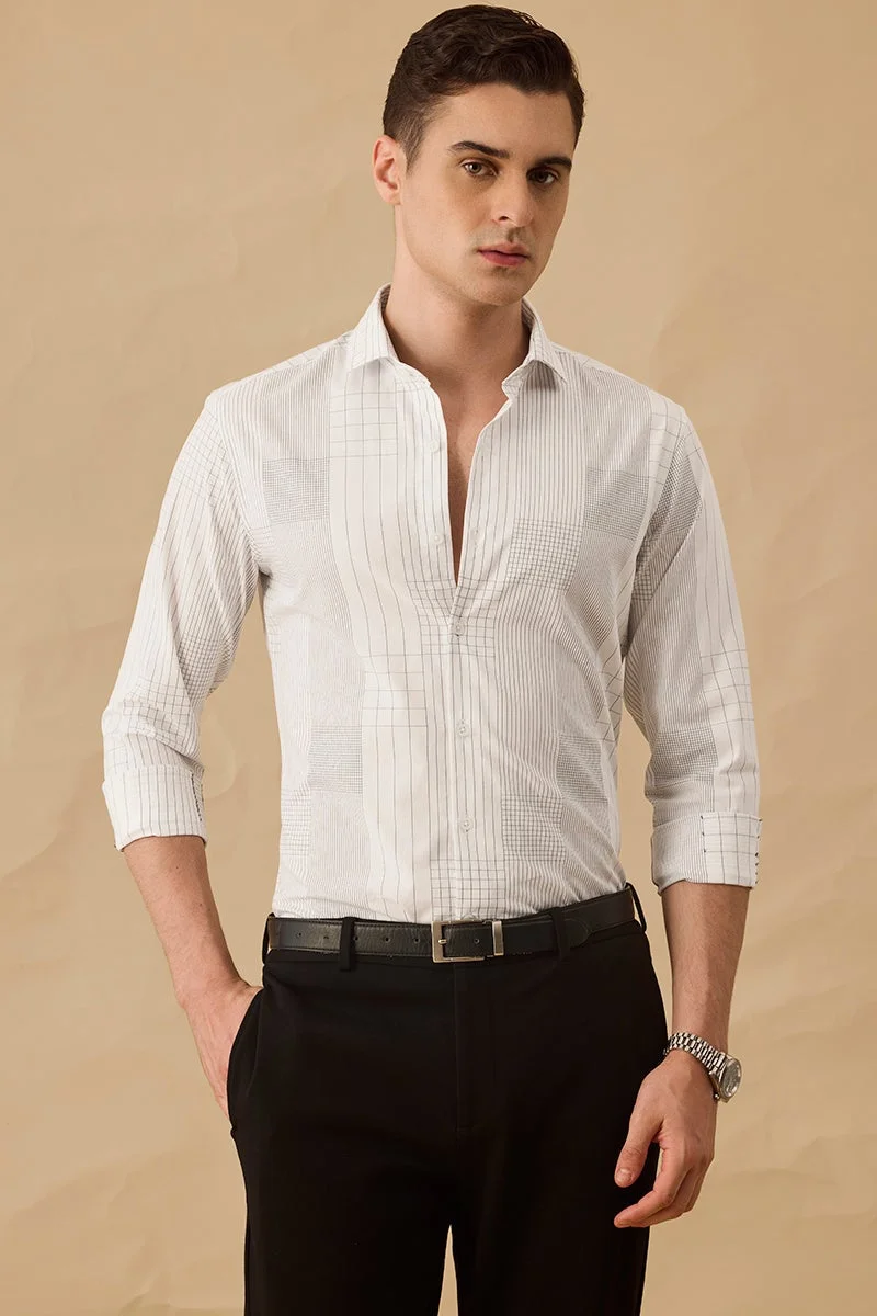 سنيتش White Checkered Long Sleeve Slim Fit Formal Shirt
