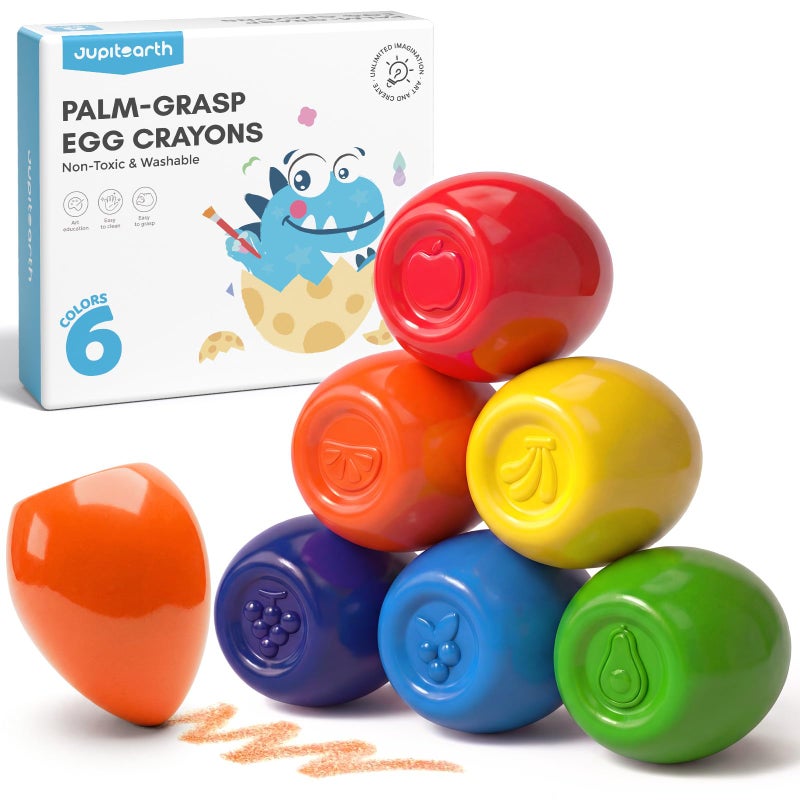 JUPITEARTH 6 Colors Egg Crayons for kids, Palm-Grasp Non Toxic Jumbo Washable Crayons for Kids, Fat Brain Toys for Art Supplies and Perfect Gifts for Boys and Girls - Image 1