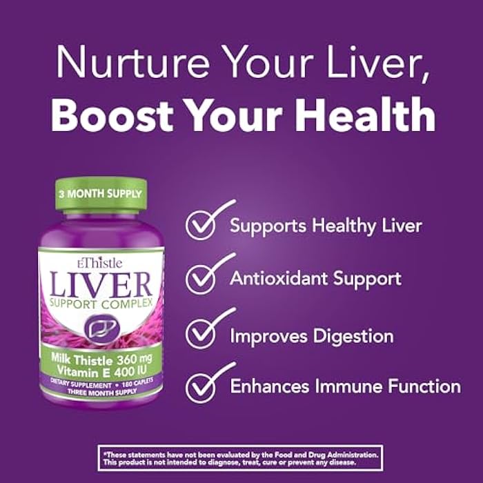 EThistle Liver Wellness Dietary Supplement, Milk Thistle & Vitamin E Liver Health Formula, Caplets 180 Count - Image 3