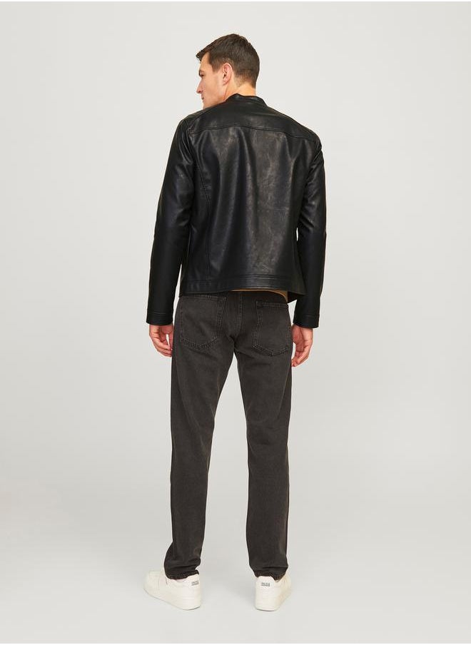 JJ Rebel by Jack & Jones Leather Look Full Zip Biker Jacket  - Image 3