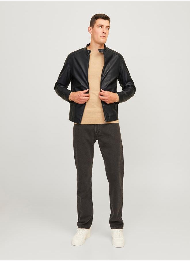 JJ Rebel by Jack & Jones Leather Look Full Zip Biker Jacket  - Image 1