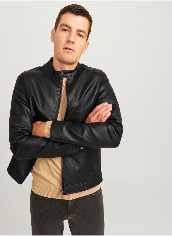 JJ Rebel by Jack & Jones Leather Look Full Zip Biker Jacket  - Image 2